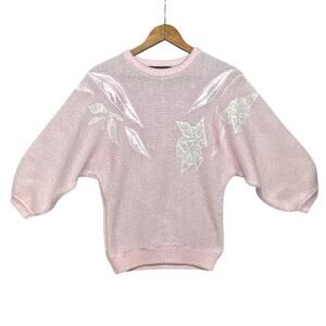 Bramble Lane Vintage Soft Pink Floral Applique 80s Dolman Sweater Women Medium
